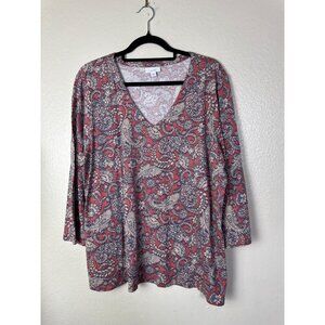 Pure J. Jill Paisley Print V-Neck 3/4 Sleeve Top Womens Size XL Cotton Tencel